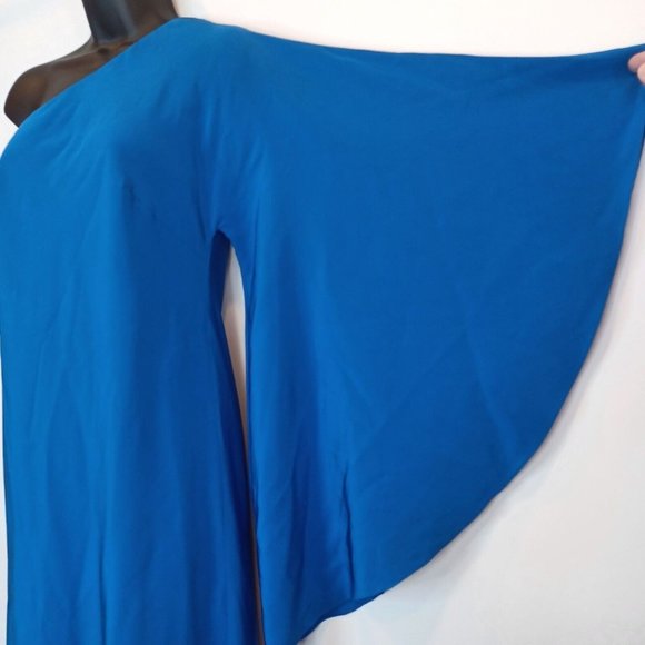 NICOLE MILLER 0 Blue One Shoulder Waterfall Sleeve Dress Lined Special Occasion - Picture 9 of 15